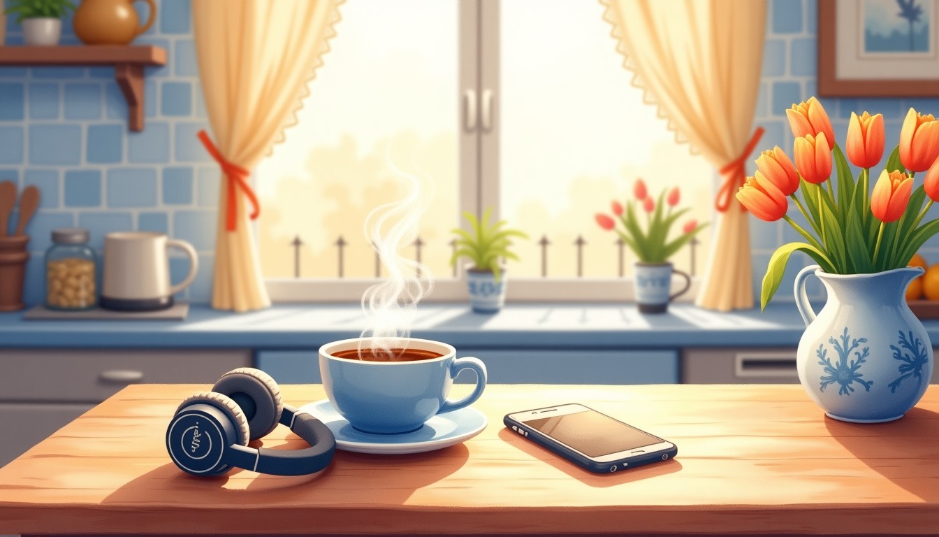Cozy Dutch kitchen table with coffee, headphones, and a phone ready for morning language practice
