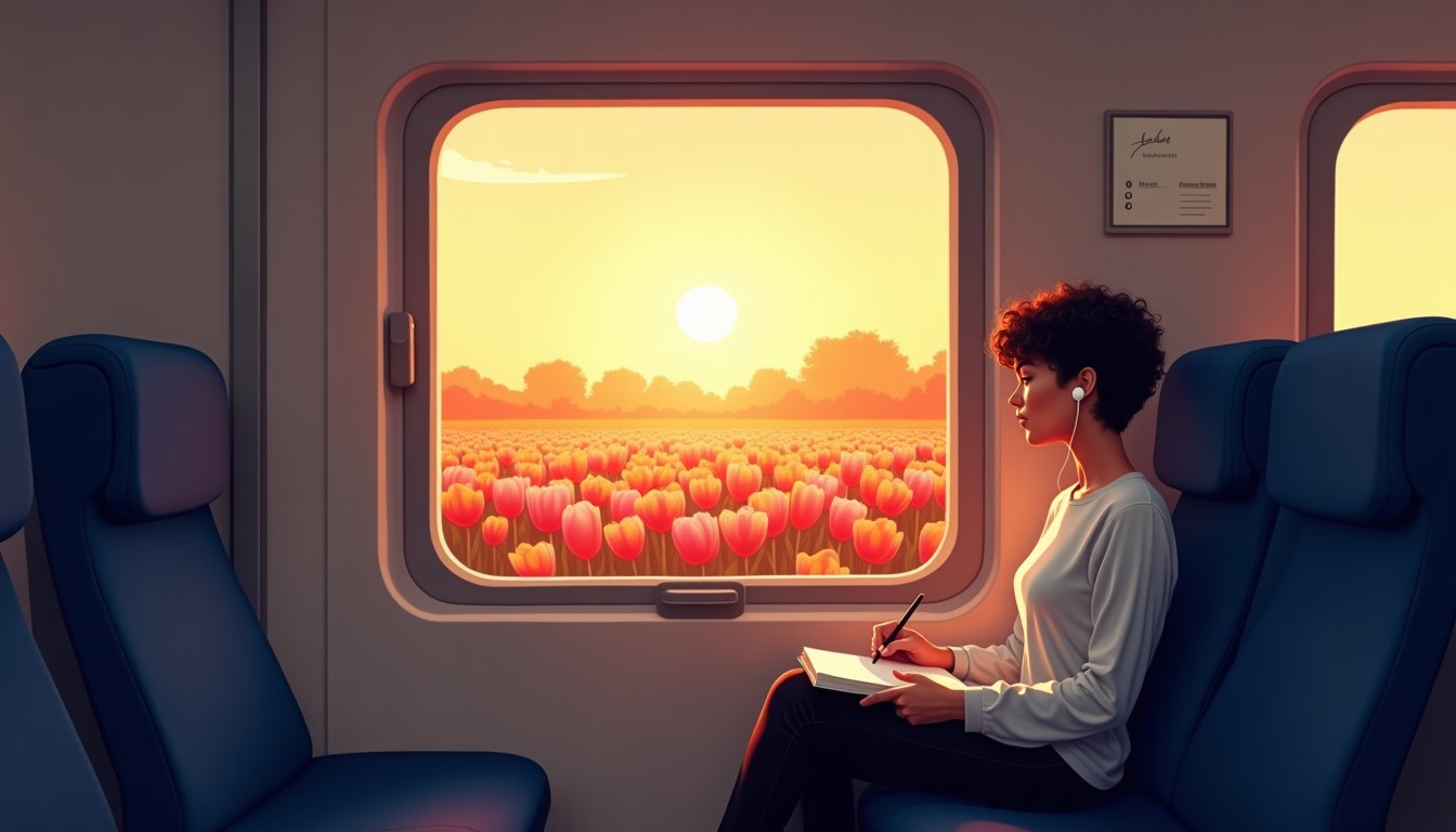 Commuter on a Dutch train listening to Dutch audio while tulip fields pass by the window