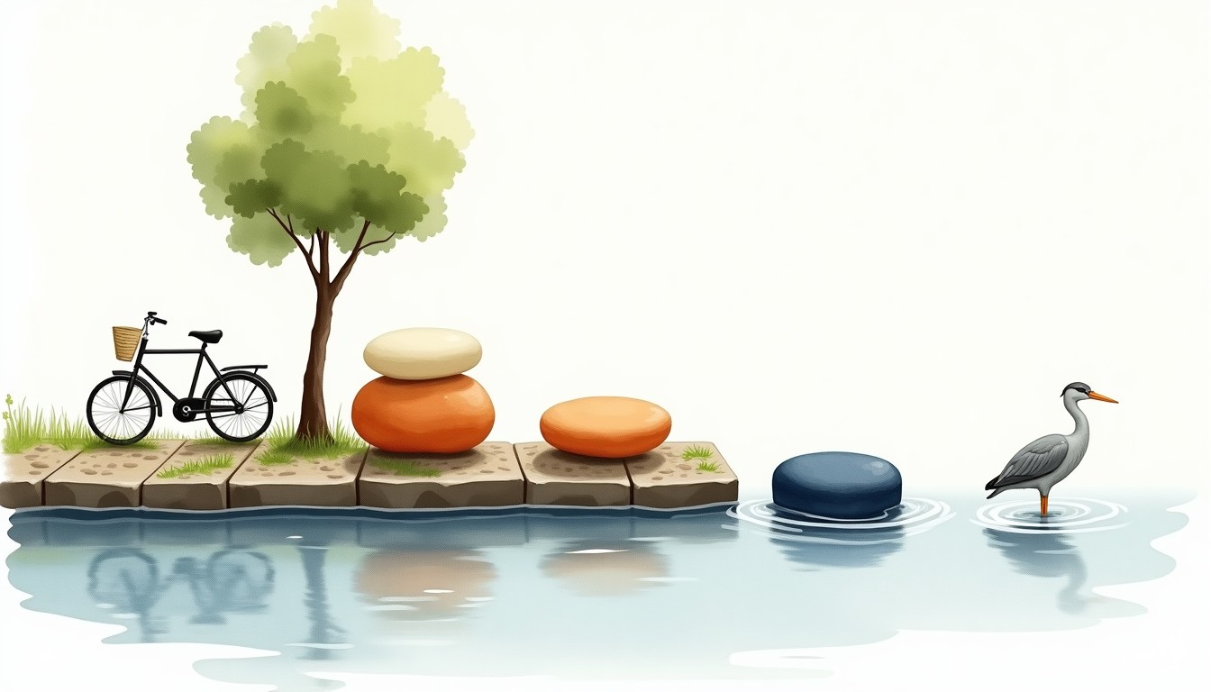 Three stepping stones along a Dutch canal path symbolising the three layers of a language routine