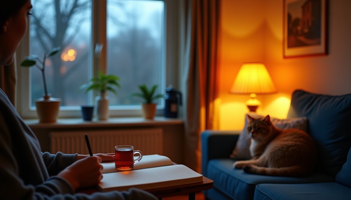 Person writing in a notebook in a cozy Dutch living room on a rainy evening