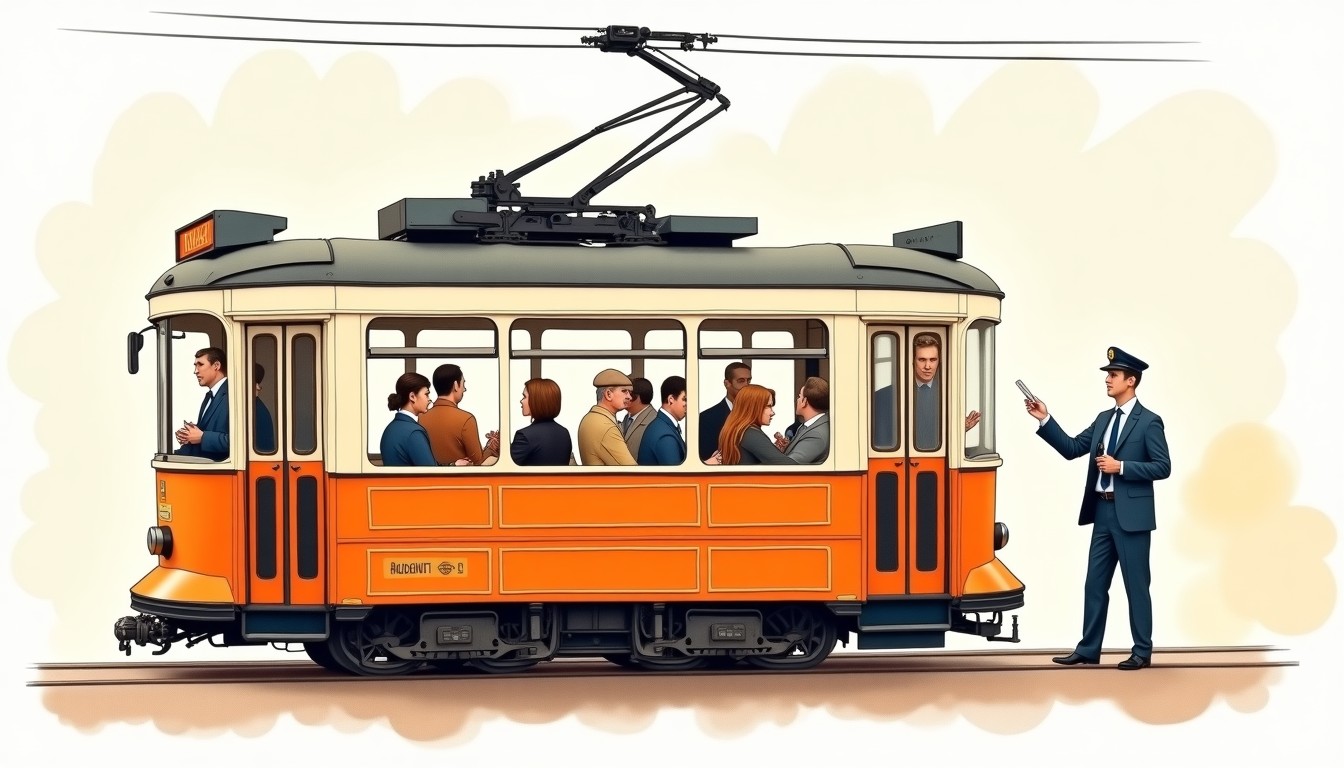 Illustration of a Dutch tram with a conductor checking tickets and a passenger looking nervous.
