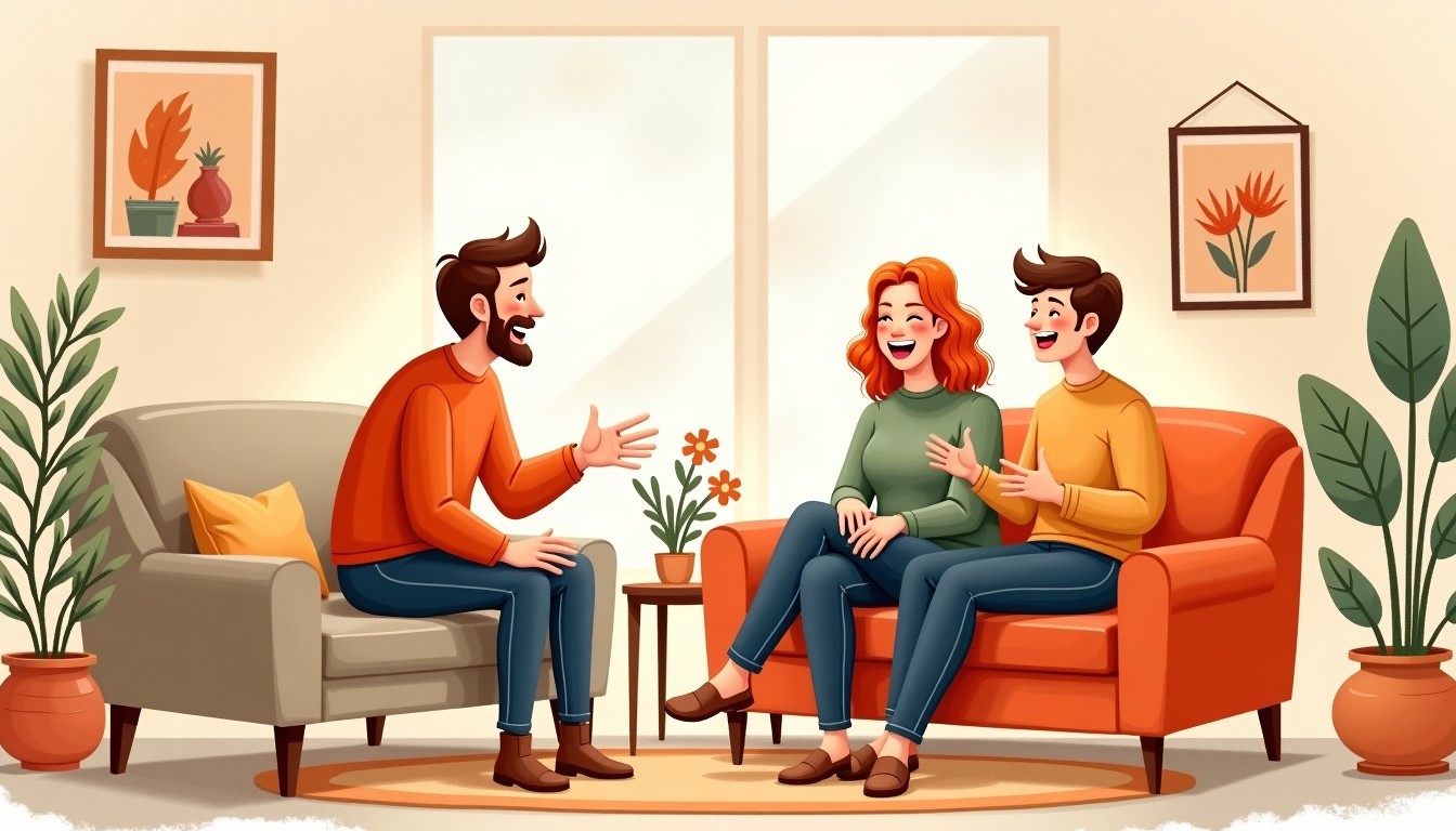 Friends in a Dutch living room laughing about a story of freeloading.