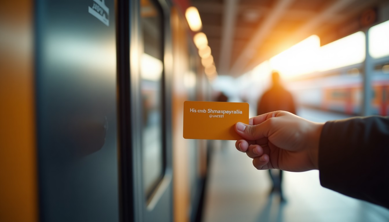 Hand holding an OV-chipkaart at a train station check-in gate.