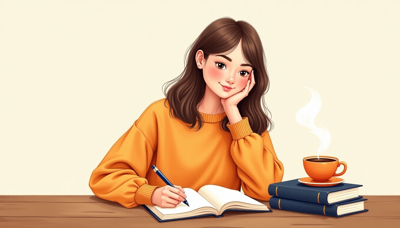 Woman writing in a journal at a desk with Dutch books and coffee