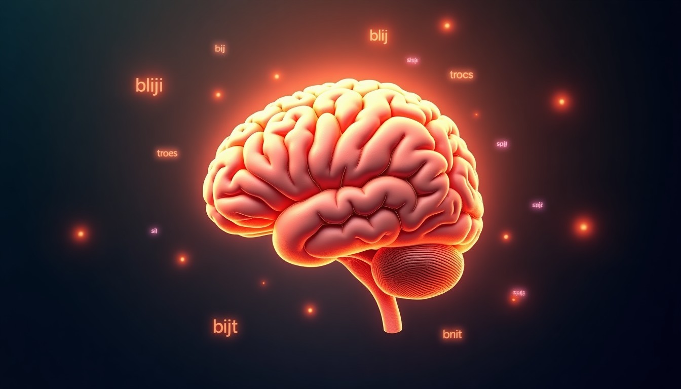 Brain with neural connections and Dutch words floating around