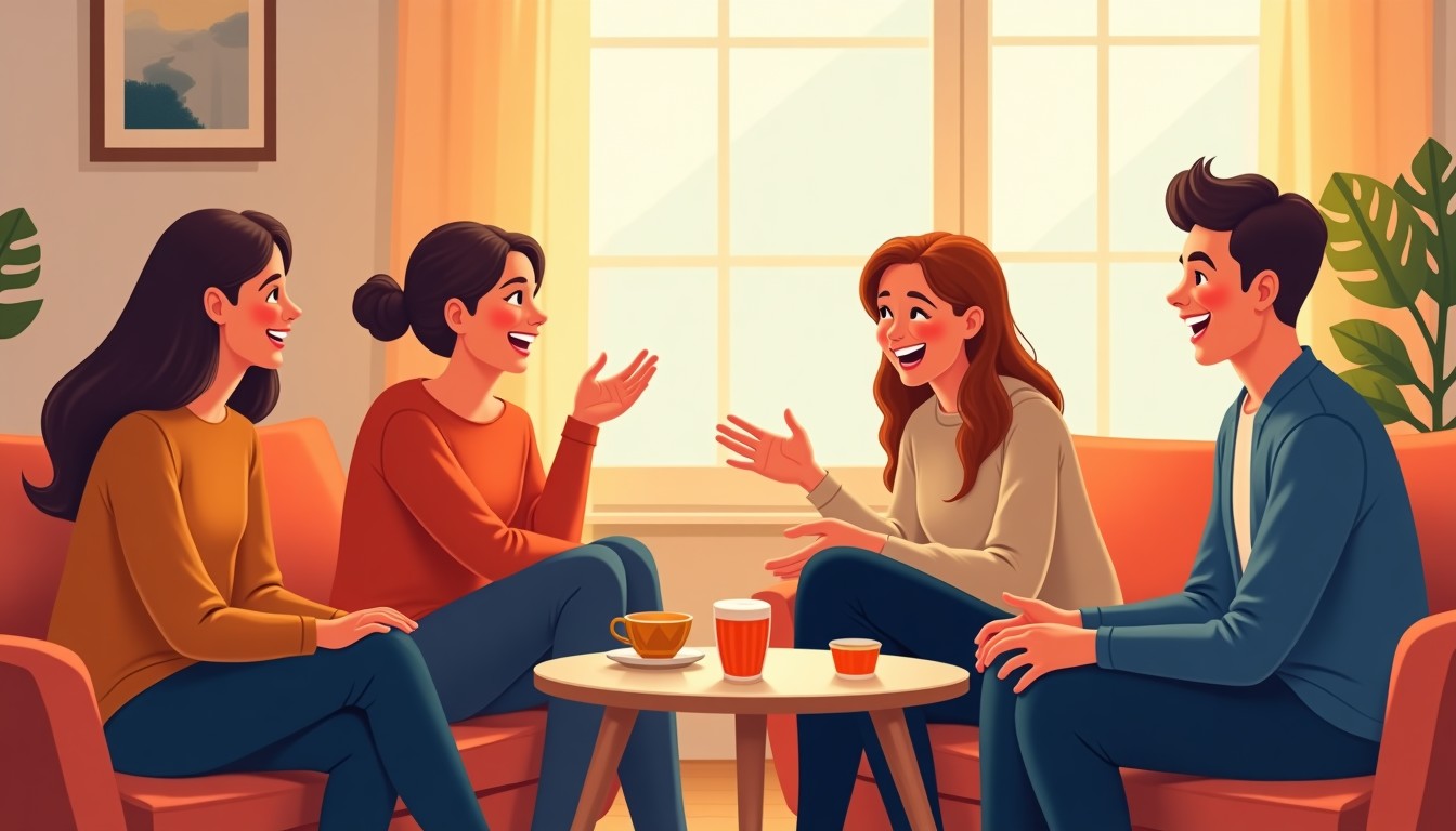 Friends laughing and talking in a cozy Dutch living room
