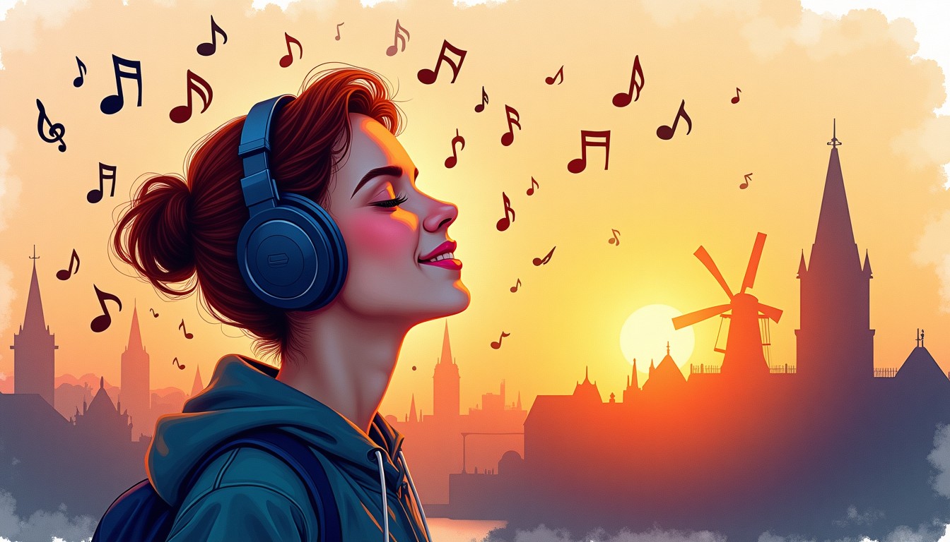 Person listening to headphones with Dutch words and cityscape