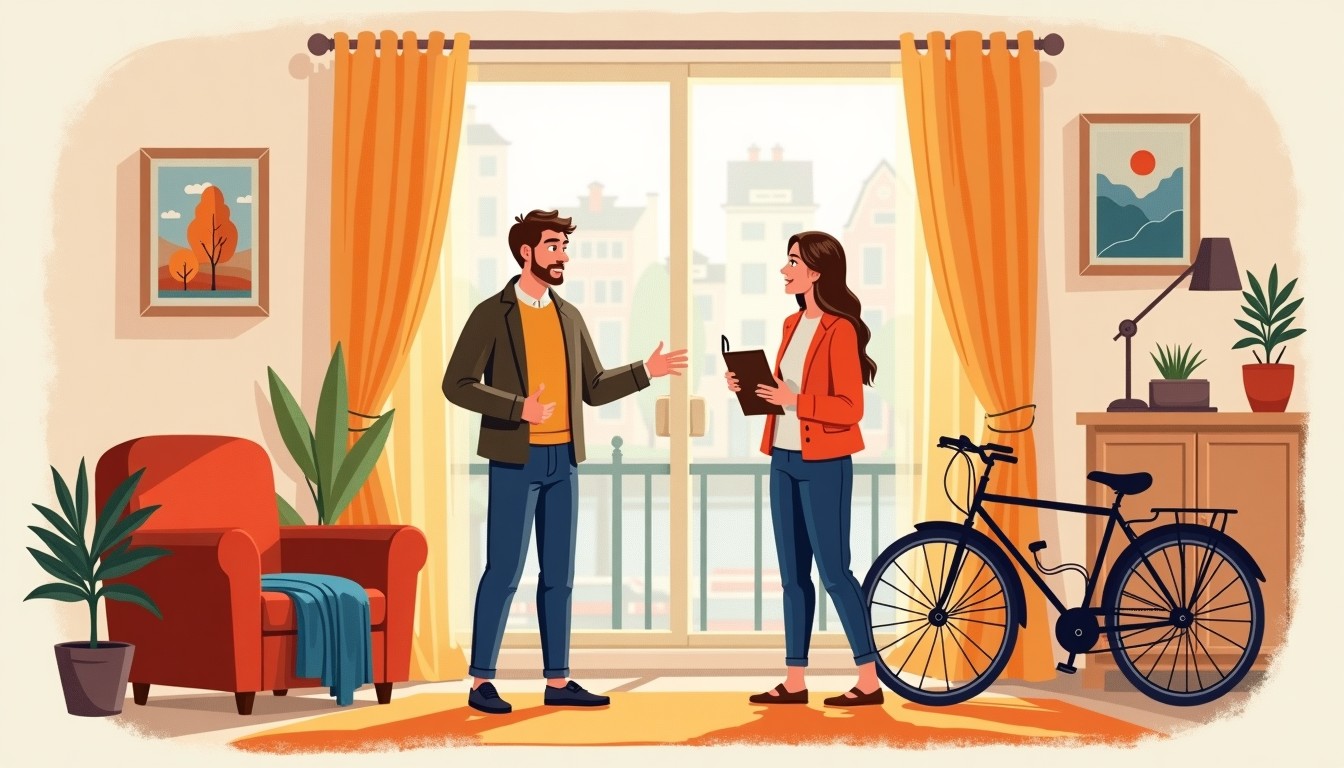 Illustration of an expat and a Dutch person in a cozy Amsterdam living room, discussing a bicycle and a book, with a canal view through the window.