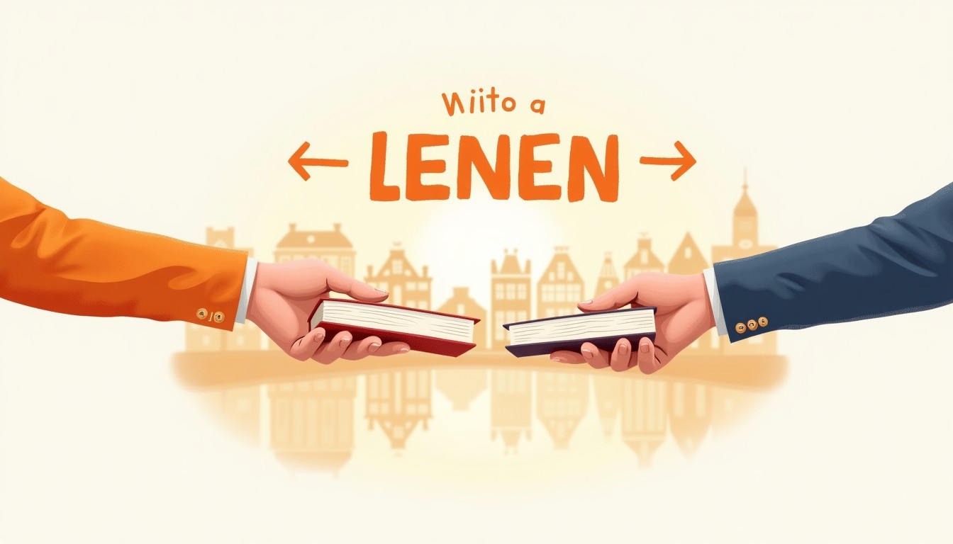 Split illustration showing the dual meaning of 'lenen': one side giving a book (lend to), the other side receiving a book (borrow from), with arrows indicating direction.