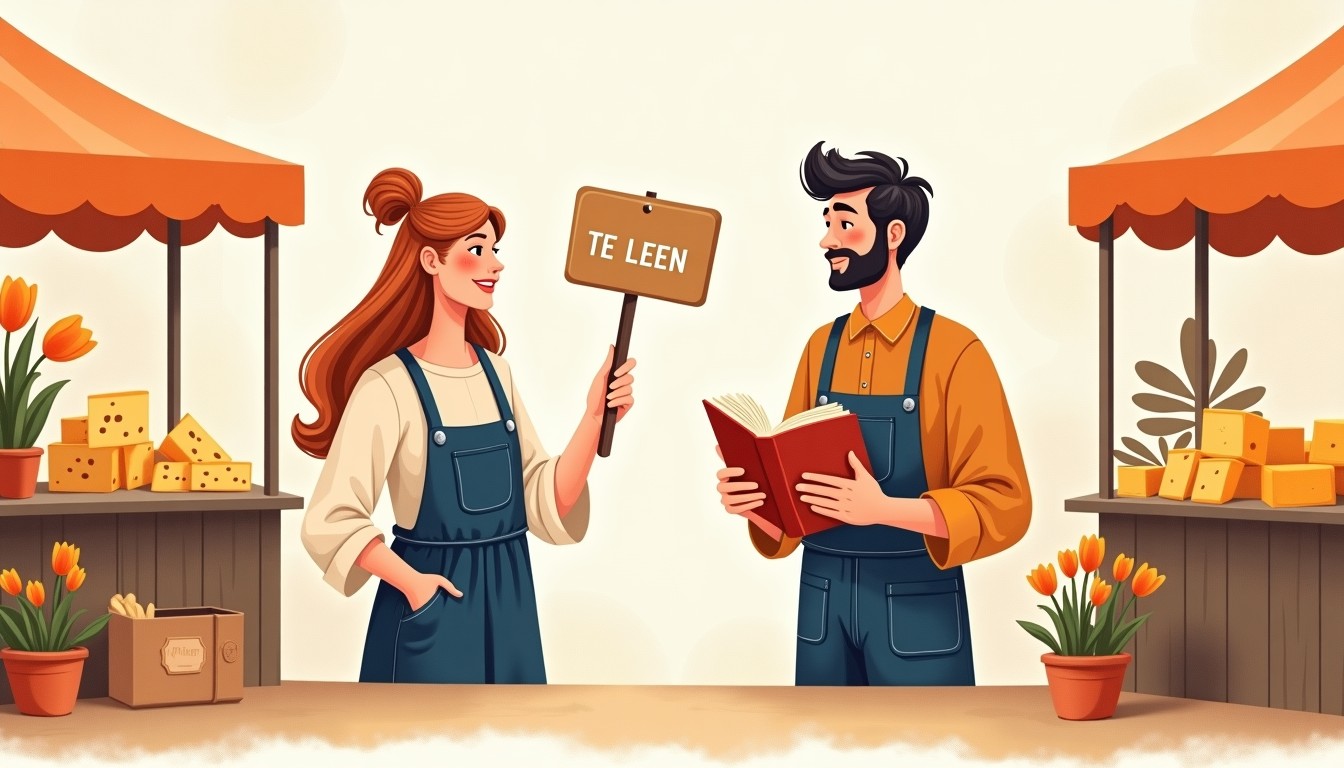 Illustration of a Dutch market scene with a bookseller and a customer discussing a book, with a 'TE LEEN' sign, surrounded by cheese and tulip stalls.