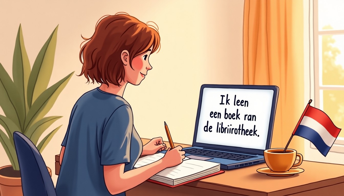 Illustration of a person writing in a diary at a desk, with a laptop showing a Dutch sentence about borrowing a book, a coffee cup, and a small Dutch flag.