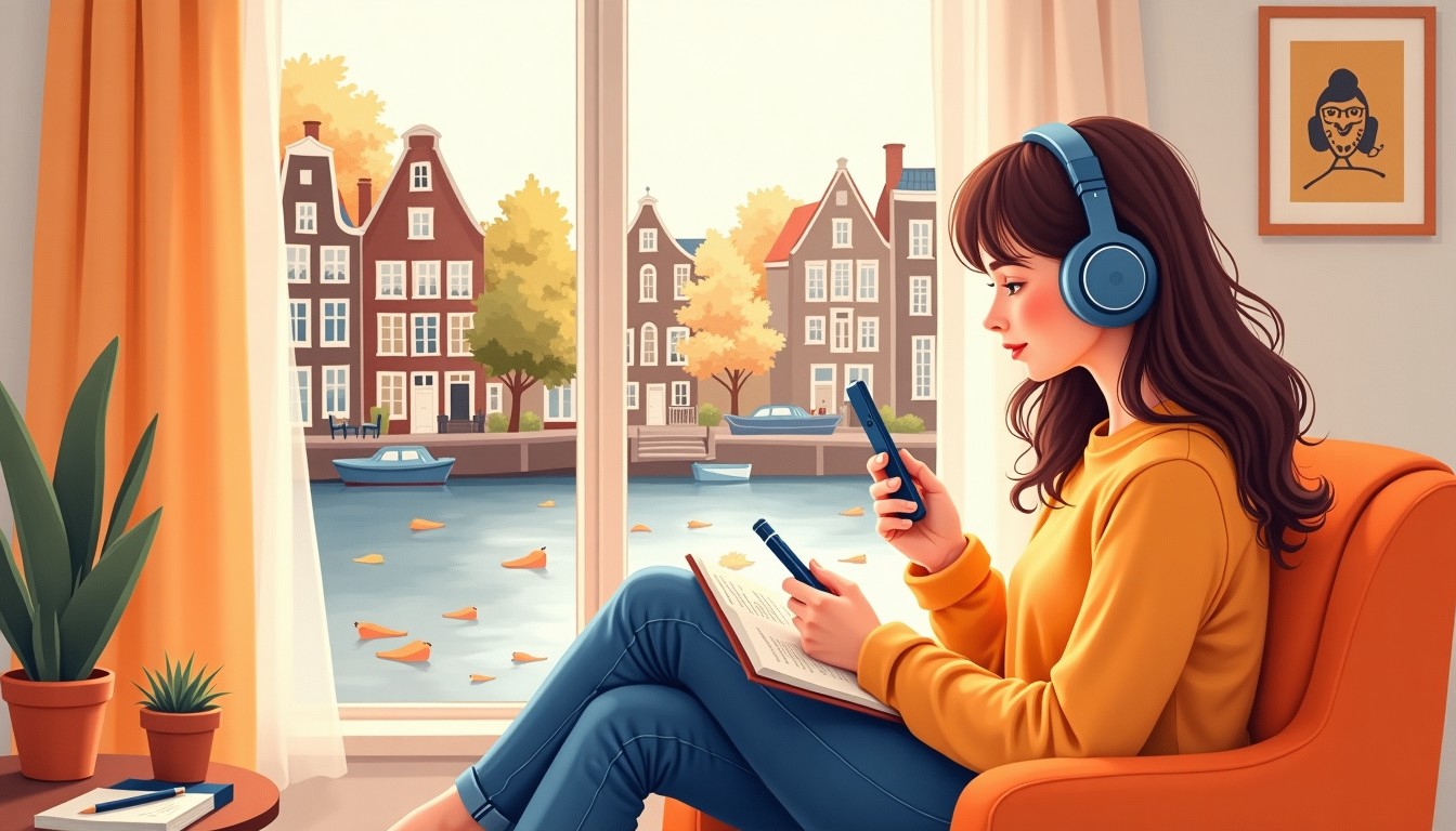 Woman listening to Dutch podcast in cozy room with canal view