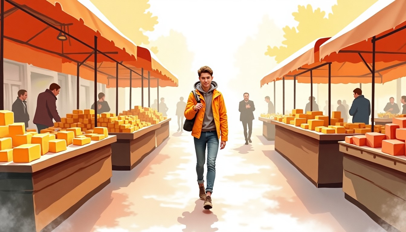 Person listening to Dutch audio while walking through market