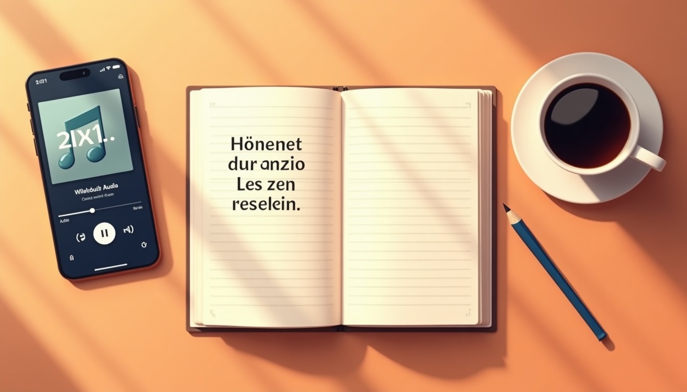 Notebook with Dutch sentences and phone playing audio