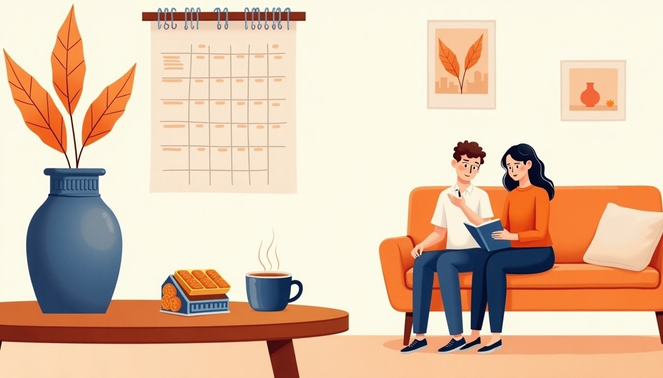 Illustration of two people planning their week in a cozy Dutch living room with a calendar and coffee.