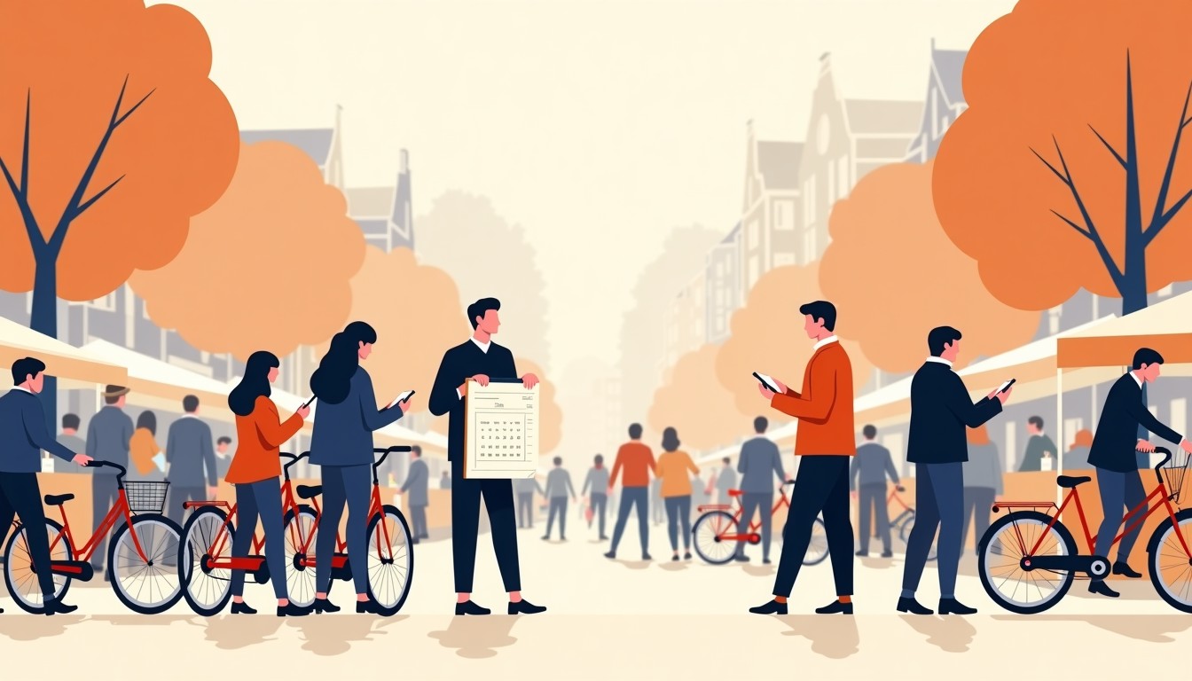 Illustration of a Dutch street scene with people cycling and checking their agendas.