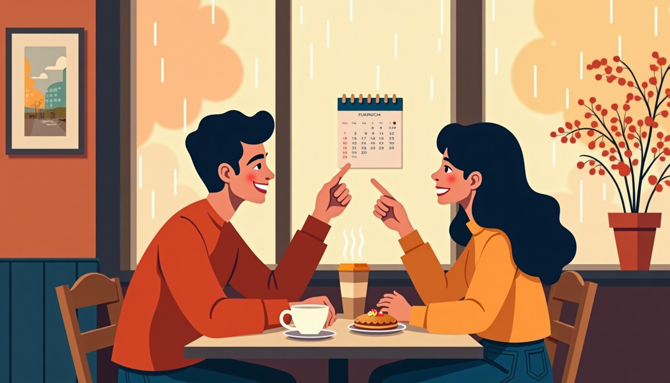 Illustration of two friends in a Dutch cafe making an appointment over coffee and pie.