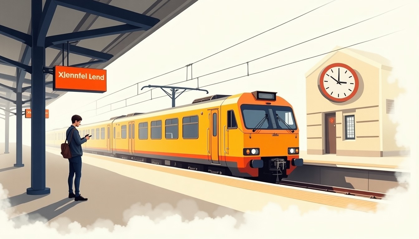 Illustration of a person at a Dutch train station checking the time as a train departs.