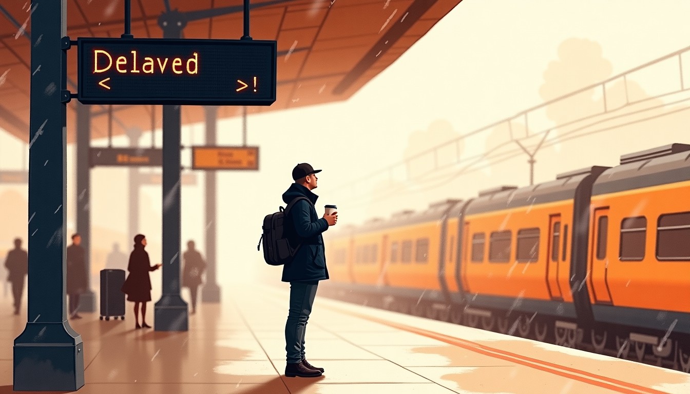 A traveler waiting calmly at a Dutch train station in the rain