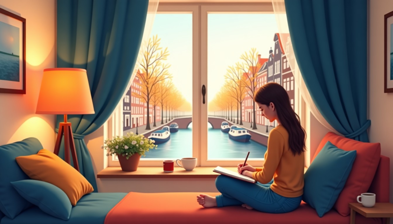 Person journaling by a canal view window in a cozy Dutch home