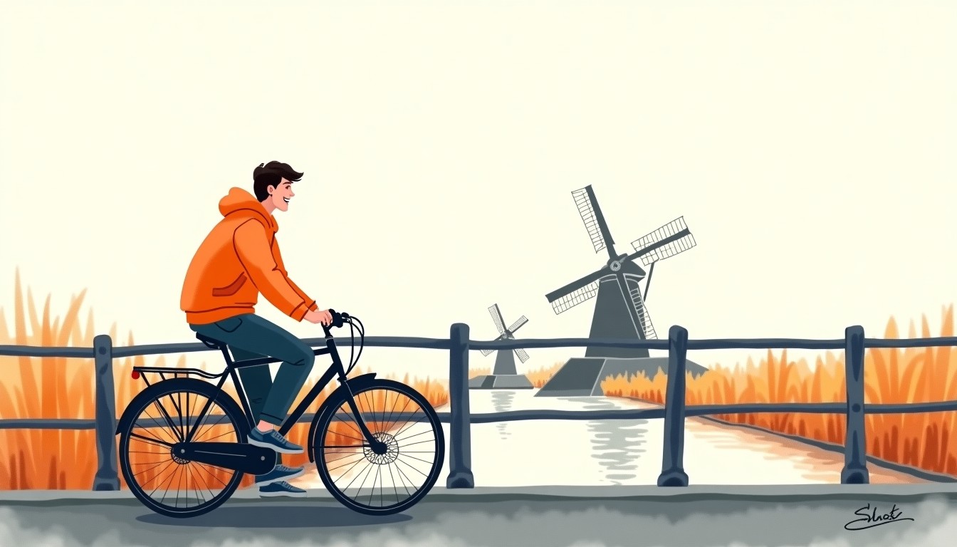 Cyclist pausing on a Dutch bridge under a cloudy sky