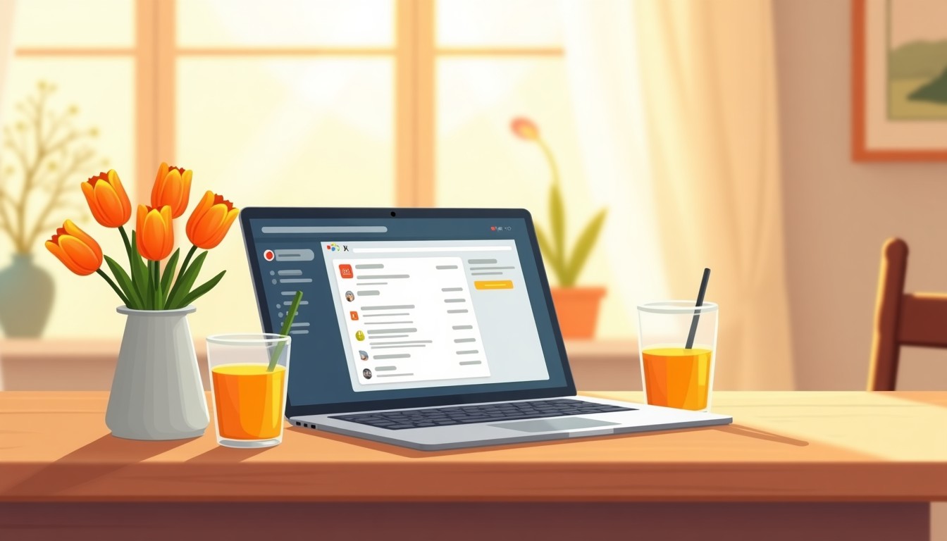 Dutch kitchen table with laptop open to email and tulips in sunlight