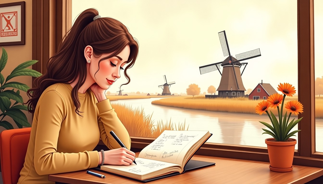 Person writing in a diary at a Dutch café with windmill in the distance
