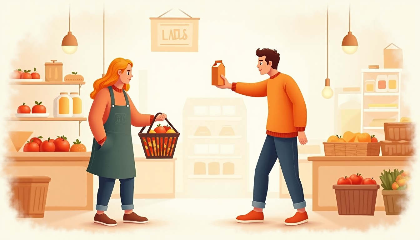 Illustration of a person helping another shopper hold a basket in a Dutch supermarket