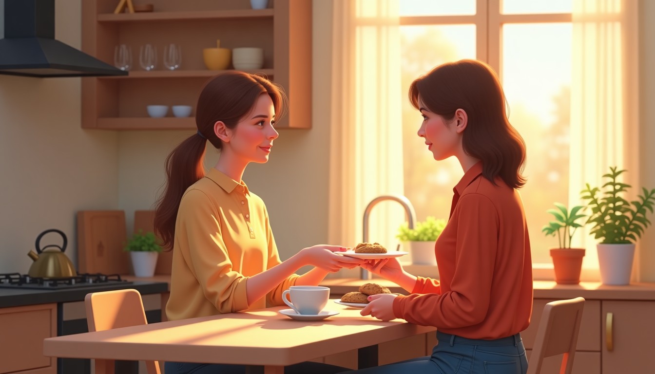 Illustration of two neighbors sharing coffee and cookies in a Dutch kitchen