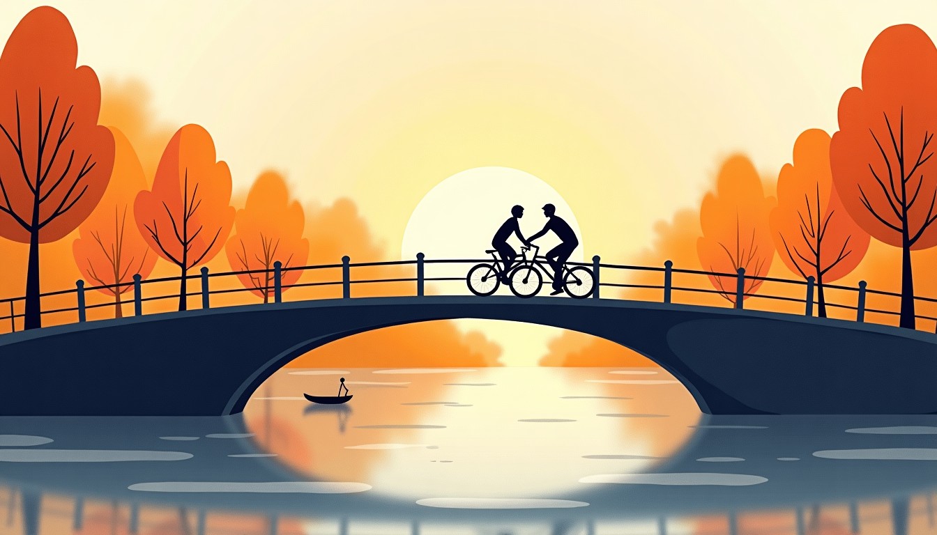 Illustration of a cyclist helping another cyclist push a bike up a Dutch bridge
