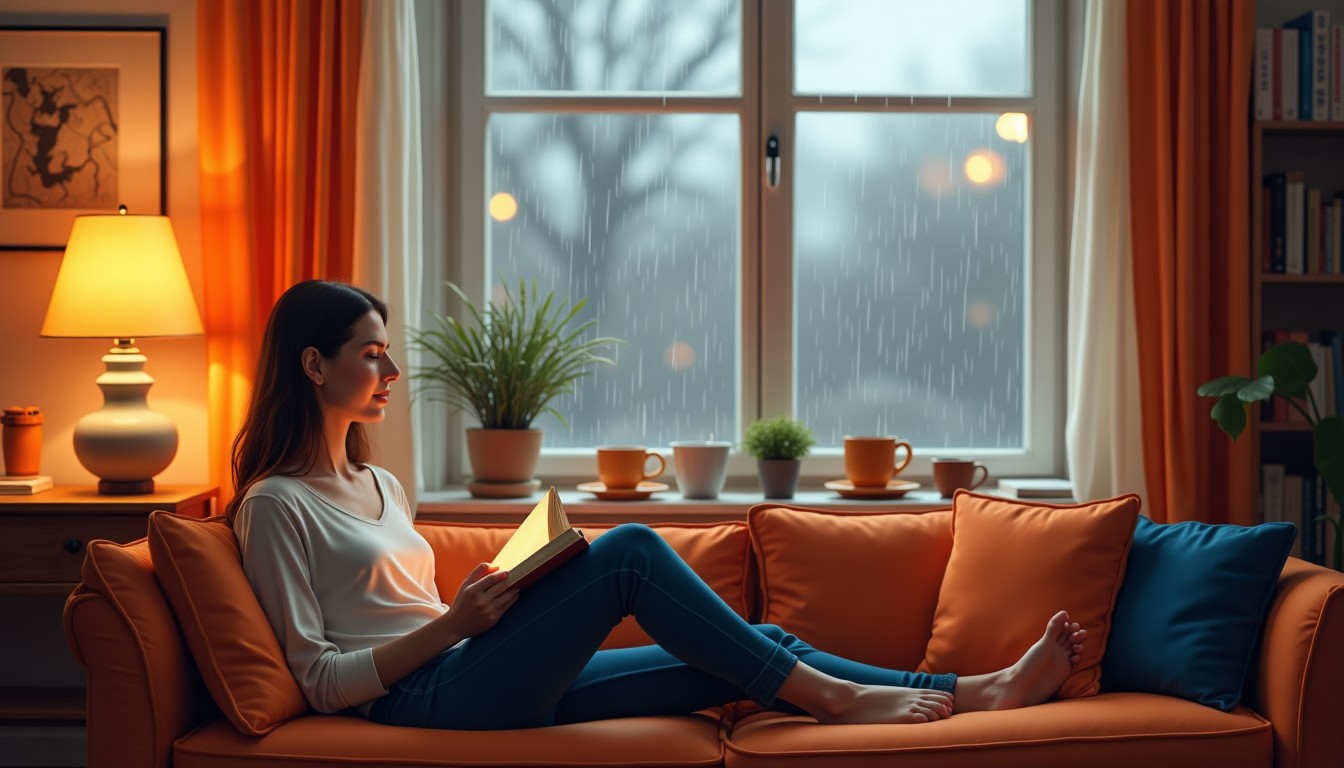 Illustration of a person reading a book with coffee in a cozy Dutch living room