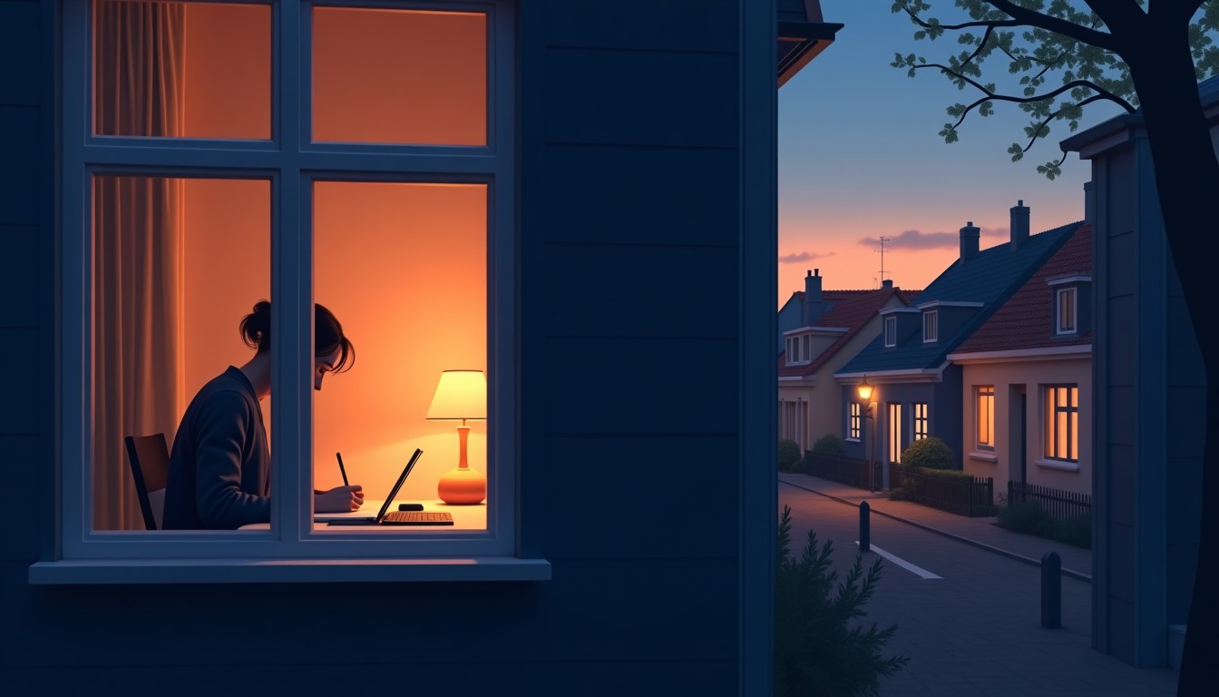 A person writing in a notebook by a window at dusk while a neighbor waves outside