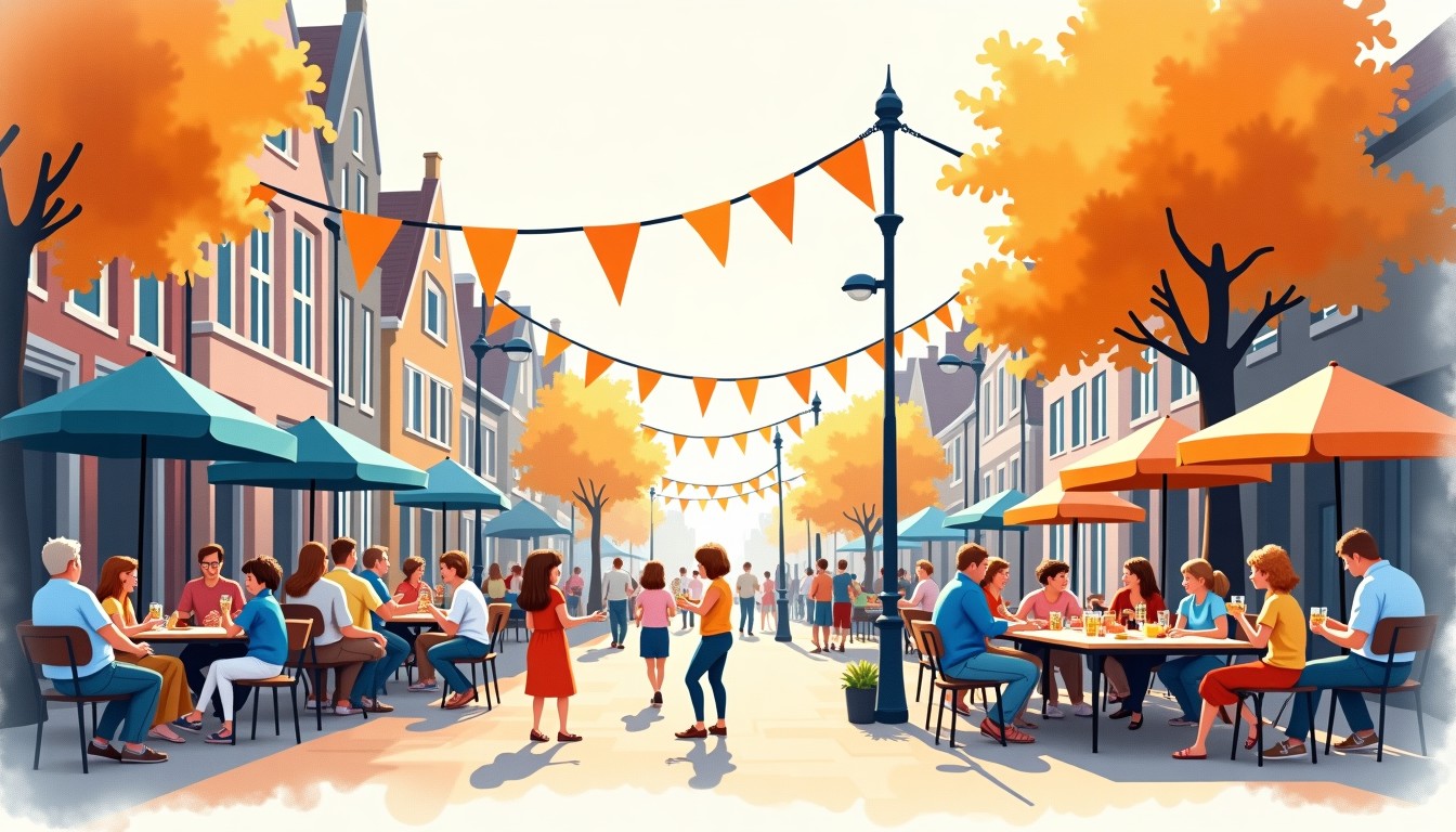 A Dutch street party with neighbors at a long table, children playing, orange bunting overhead