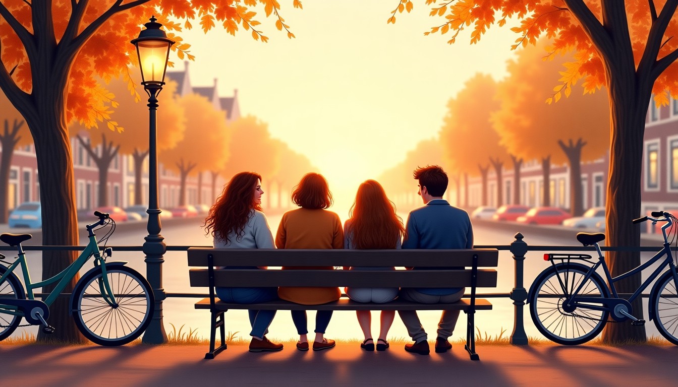 Friends hanging out on a canal-side bench in Amsterdam at sunset