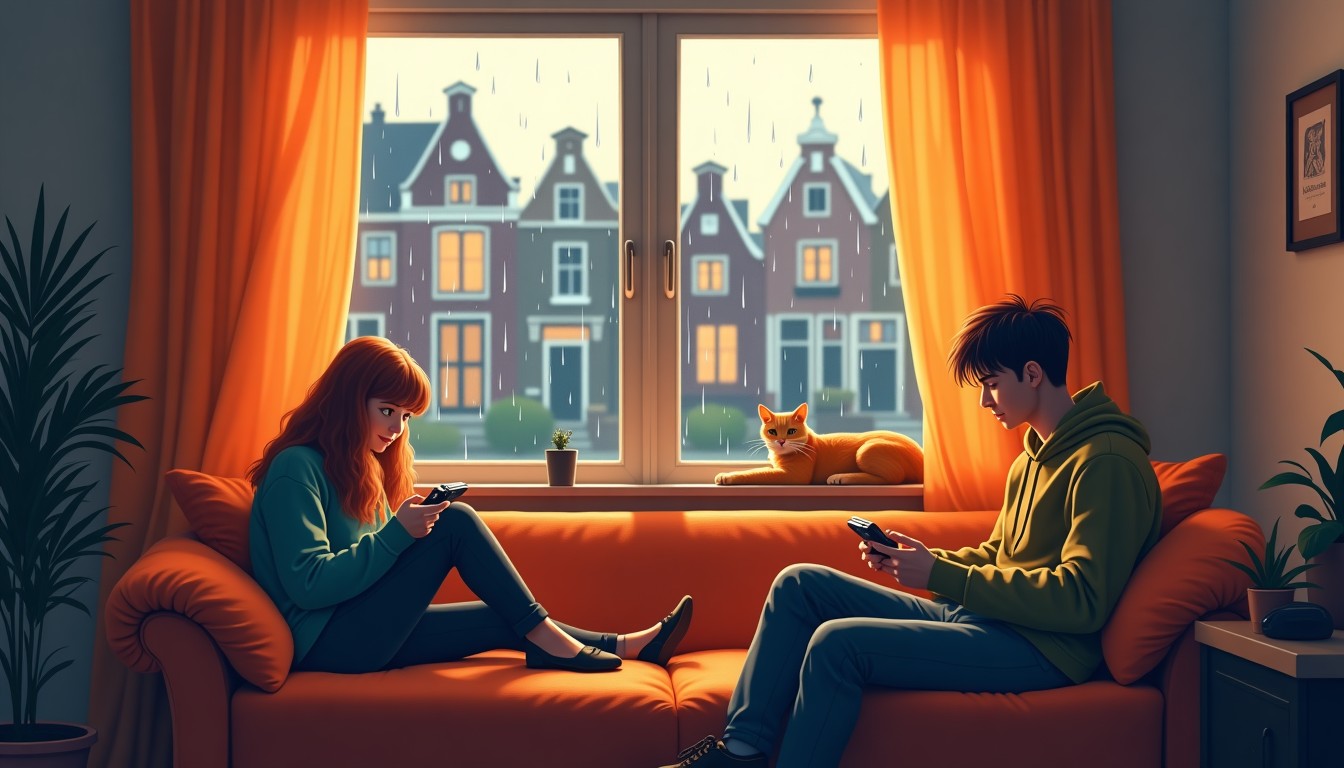 Rainy Sunday afternoon with friends hanging out indoors in the Netherlands