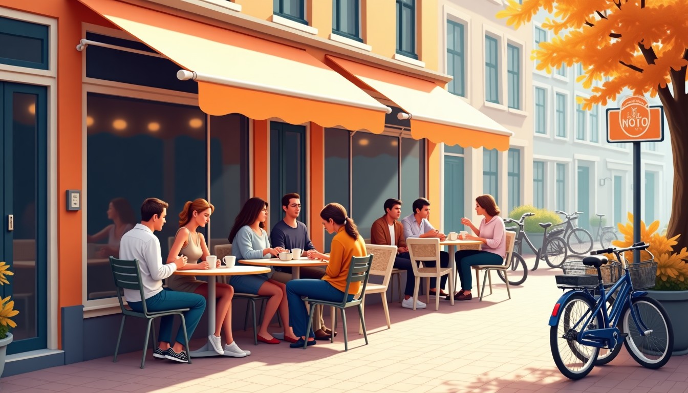 People lingering at a Dutch café terrace after finishing their coffee