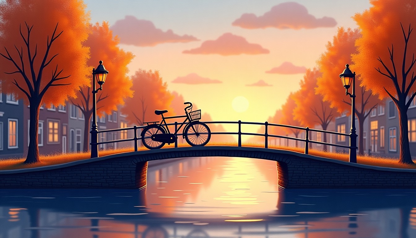 Dutch canal at dusk with orange sunset light, bicycle on bridge, navy sky