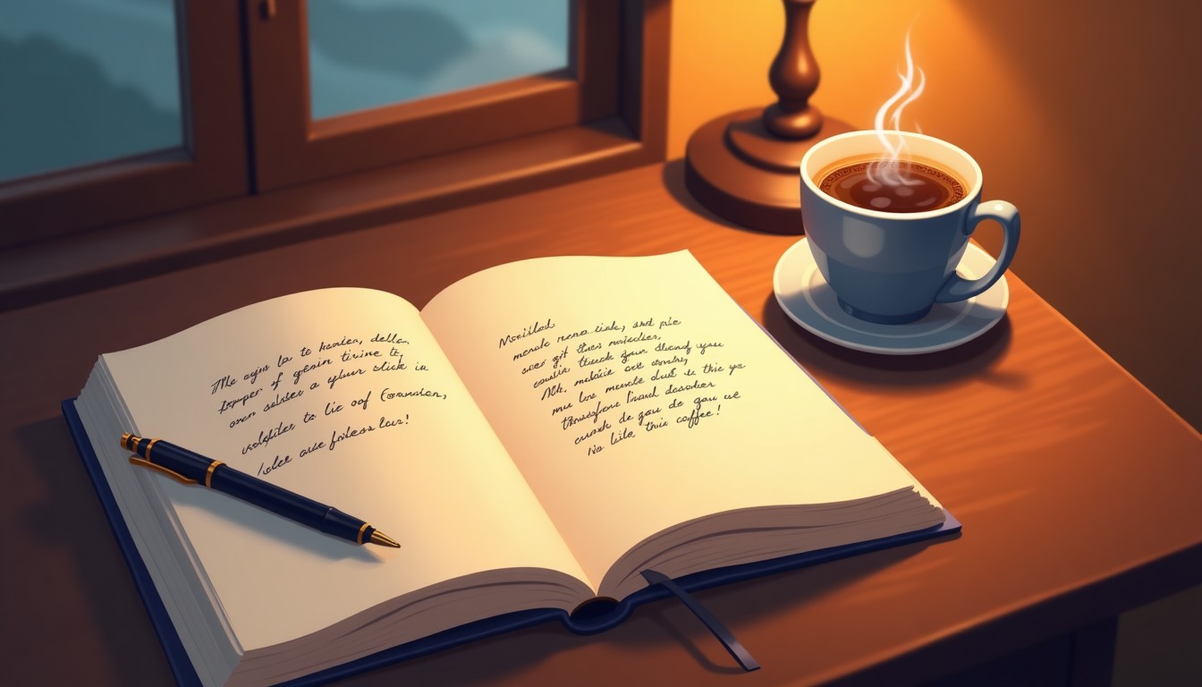 Open Dutch notebook with handwritten sentences, coffee cup, pen, warm lamp light