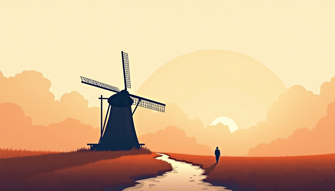 Dutch windmill against cloudy sky, winding path, lone figure walking