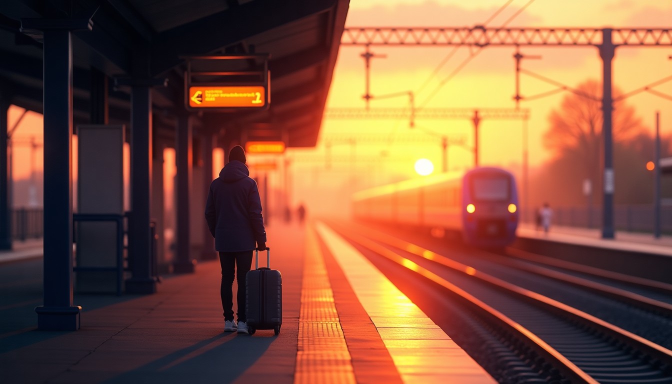 Dutch train platform at golden hour, train arriving, person waiting with suitcase