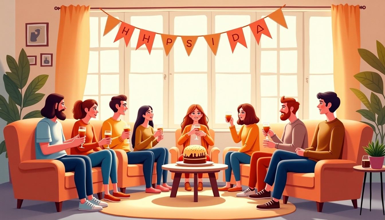 Illustration of a Dutch birthday circle party with people sitting in a circle, one person looking awkward.