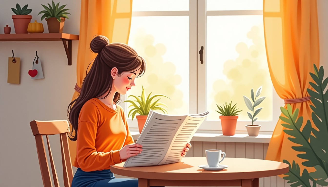 Person reading a Dutch newspaper at a kitchen table in warm morning light