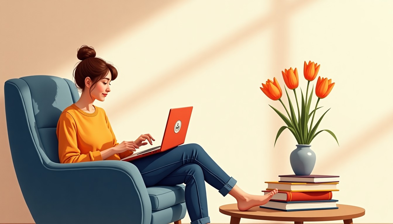 Cozy Dutch reading nook with books, laptop, and tulips in soft afternoon light