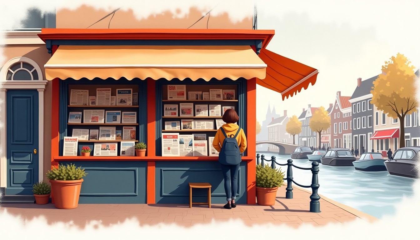 Dutch newsstand with newspapers and Amsterdam canal houses in the background