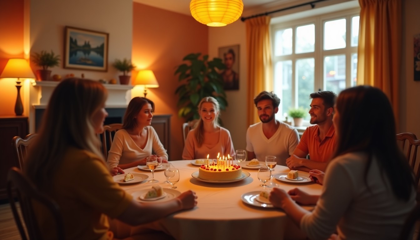 Dutch birthday circle with people sitting on chairs, one person looking unsure with cake