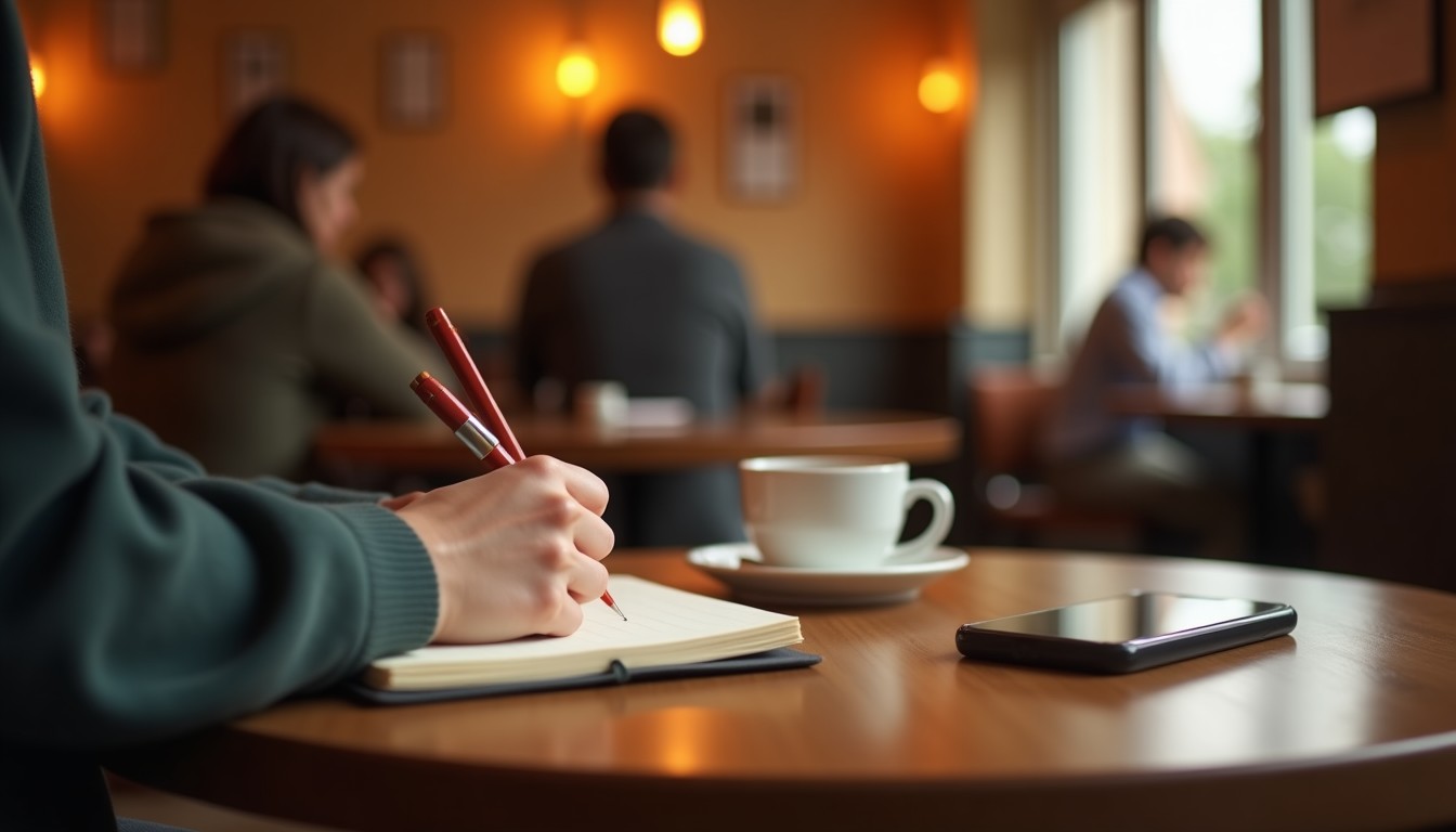 Person writing in a notebook in a Dutch cafe with coffee and phone