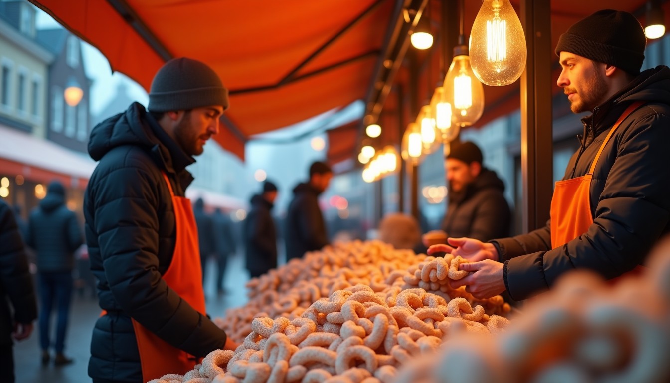 Dutch market stall selling herring with vendor and curious customer
