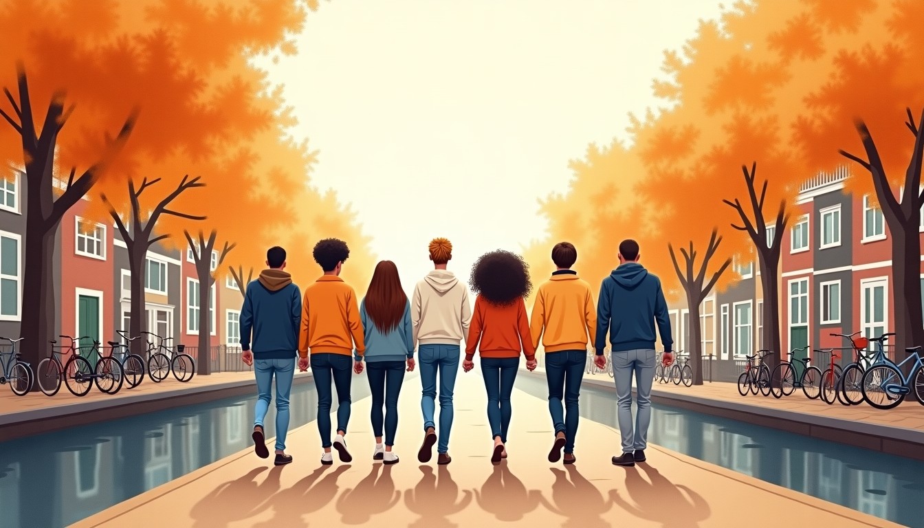 Illustration of people walking together along a Dutch canal