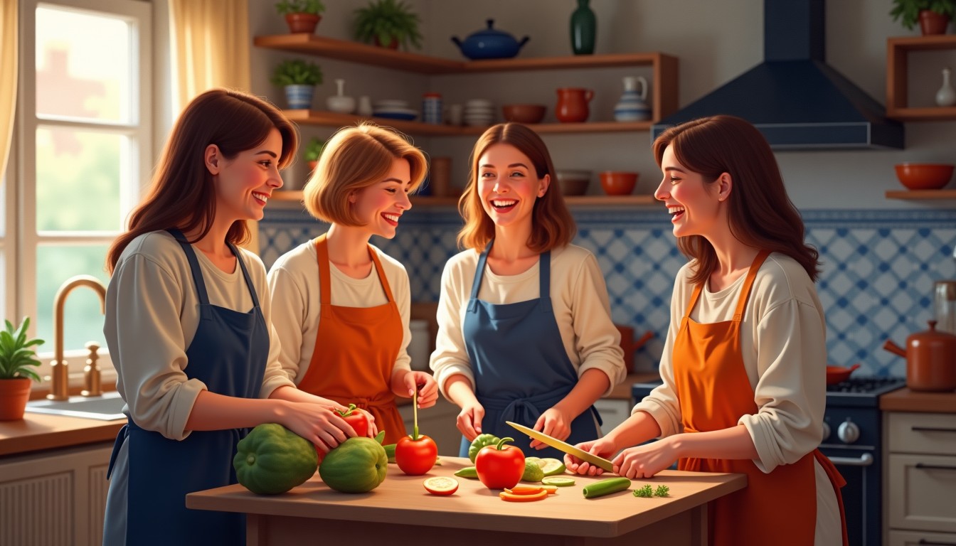 Illustration of friends cooking together in a Dutch living room