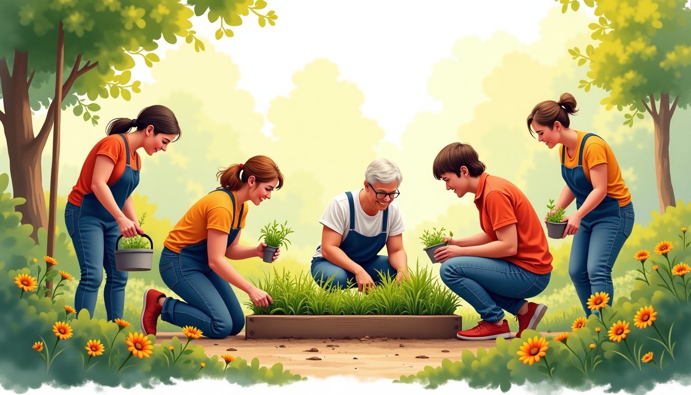 Illustration of people working together in a Dutch community garden